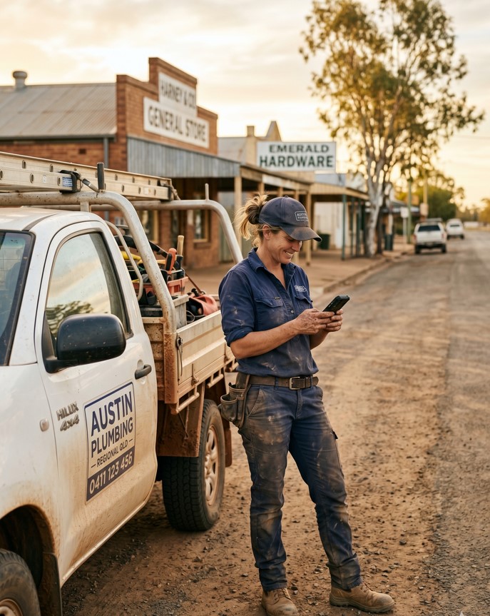 Regional tradie checking a new website enquiry on her phone, Emerald QLD